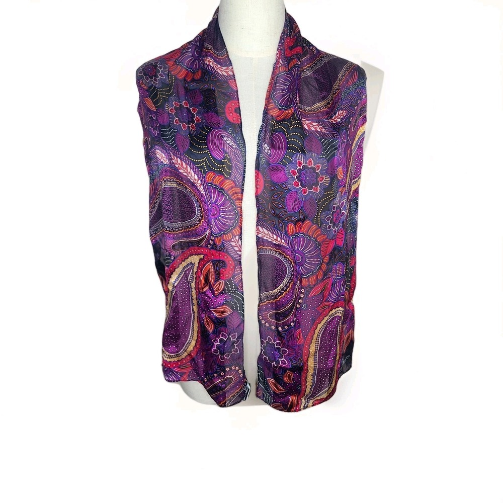 Vtg Jones New York 100% Silk Scarf Purple Paisley Floral Oblong Ecclectic Luxury